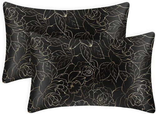 Miniatura 15 de EXQ Home - Funda de almohada de satén para cuidar el cabello y la piel, tamaño estándar, de seda con estampado negro, juego de 2 fundas con cierre