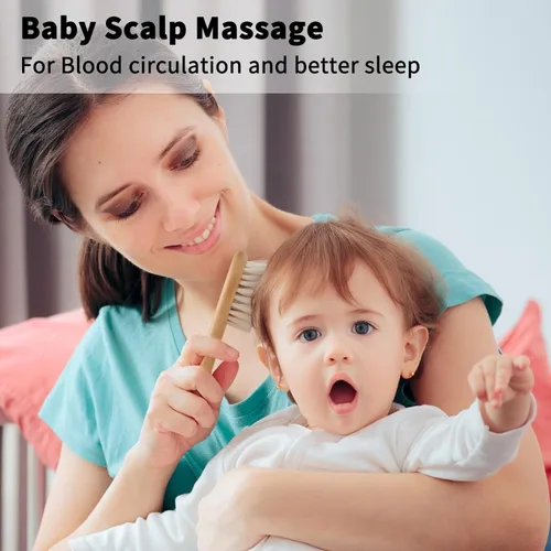 Miniatura 3 de Juego de cepillos de pelo de cabra para bebé, peine de madera para masaje, peine de cuero cabelludo, kit de cuidado natural seguro para el cabello