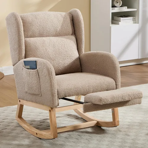 Miniatura 10 de NIOIIKIT Nursery Rocking Chair with Footrest, Teddy Upholstered Glider Chair, Nursery Gliding Recliner with Side Pocket, Glider Rocker for Living