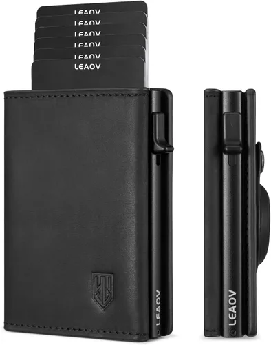 Leaov AirTag - Cartera desplegable con bloqueo RFID, tarjetero de crédito para Apple AirTag, cartera simple de cuero genuino AirTag (etiqueta de