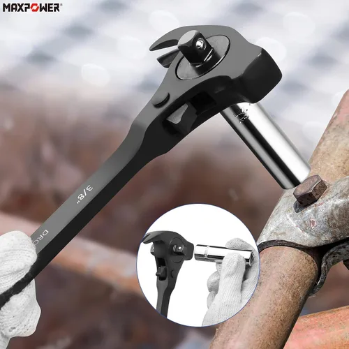 Miniatura 3 de MAXPOWER Llave de carraca de andamaje de 1/2" y 3/8" con trinquete, llave podger con martillo de garra, palanca, barra de palanca y funciones