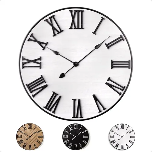 Miniatura 7 de Reloj de pared grande de 24" redondo - silencioso, metal y madera, gran reloj de pared estilo granja para decoración de sala de estar con números