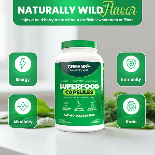 Miniatura 7 de Greens+ Superfood Organic Super Greens Cápsulas vegetales con clorela orgánica, espirulina, alfalfa y pasto de trigo, suplemento mezclado
