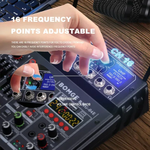 Miniatura 4 de BOMGE 04E mezclador de audio de karaoke, mezclador de 4 canales con micrófono inalámbrico UHF dual de 329 pies, consola de tablero de sonido