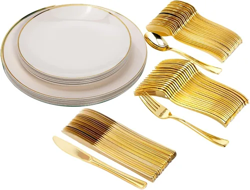 Miniatura 8 de Trendables Juego de platos desechables con cubiertos, color verde para 40, incluye 40 platos, juego de cubiertos con tenedores de plástico