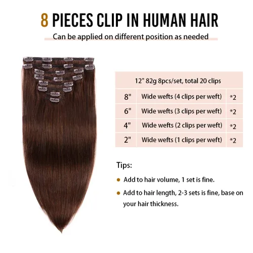 Miniatura 2 de Extensiones de cabello humano real con pinzas, 12 pulgadas, 2.89 oz, 8 piezas de extensiones de cabello Remy para mujer, color marrón medio