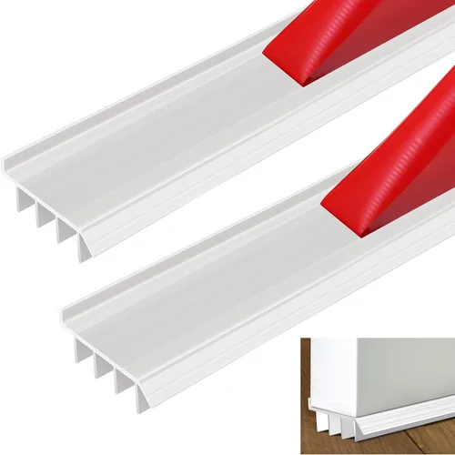 Miniatura 8 de 2 unidades de 3 pies de base de puerta de vinilo con cinta adhesiva autoajustable, tira de agua debajo de la base de la puerta con tapa para goteo