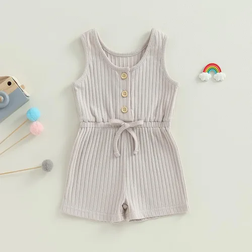 Miniatura 51 de Traje de verano para niña pequeña, de manga corta, acanalado, overol liso, pantalones cortos, ropa para recién nacidos
