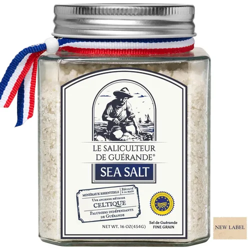 Le Saliculteur - Cosecha celta tradicional, 16 onzas, sal marina gris fina sin refinar, sal mineral orgánica francesa con tarro de vidrio,