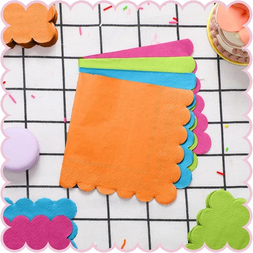 Miniatura 4 de Yeaqee 100 servilletas festoneadas de color neón, servilletas de papel de cóctel de 2 capas brillantes para bebidas, servilletas desechables