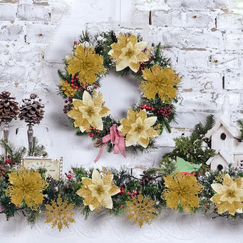Miniatura 3 de RECUTMS 60 PCS Flores Artificiales de Nochebuena para Decoración del Árbol de Navidad Juego con Clip, 18 Flores de Nochebuena con 12 Tallos de Bayas