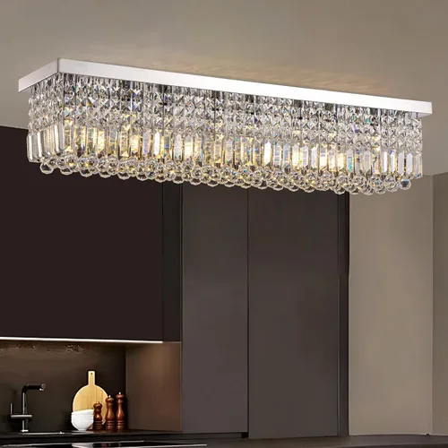 Miniatura 21 de Candelabros Modernos de Cristal para Lámpara de Comedor, Candelabro de Techo Rectangular Dorado de 6 Luces para Isla de Cocina y Sala de Estar