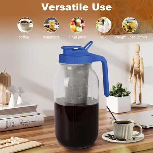 Miniatura 6 de Cafetera de café frío, jarra de frasco Mason de 64 onzas con filtro de acero inoxidable, tapa con asa y pico vertedor, vidrio resistente hermético