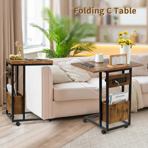 Miniatura 4 de Hadulcet Mesa auxiliar en forma de C con estación de carga y mesa plegable, mesa plegable para TV con almacenamiento, mesa para laptop para sofá