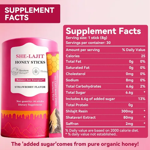Miniatura 2 de Palitos de miel Shilajit para mujer, energía natural y potenciador de vitalidad con shatavari y azafrán, palitos de miel de fresa para equilibrio