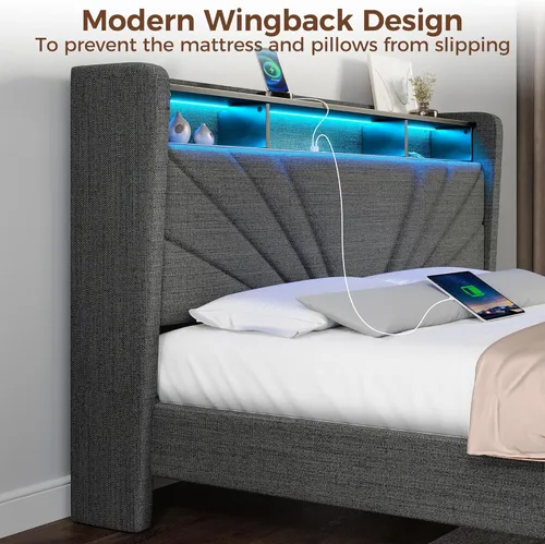 Miniatura 5 de Rolanstar Marco de cama tamaño completo, cabecera con almacenamiento con estación de carga y luces LED, cama tapizada con listones de madera Gris