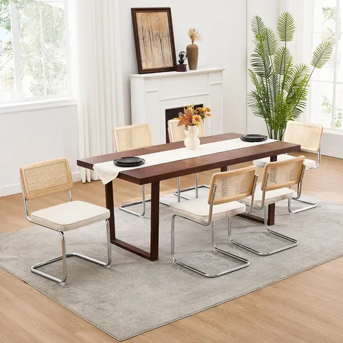 Miniatura 5 de Zesthouse Juego de 4 sillas de comedor de ratán natural, sillas de comedor modernas de mediados de siglo con respaldo de madera maciza y base