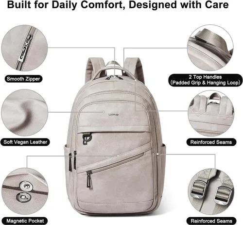 Miniatura 6 de LATMAP Mochila de 43L para mujeres y hombres - Mochila de cuero vegano, bolsa de viaje, maleta de mano, mochila universitaria, para trabajo