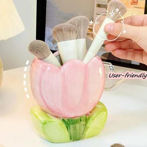 Miniatura 4 de TANG SONG Soporte para brochas de maquillaje de tulipanes de cerámica, caja de almacenamiento de cosméticos de flores, soporte para bolígrafos y Rosa