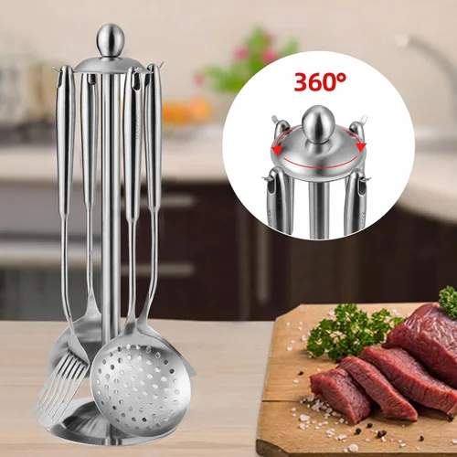 Miniatura 2 de Juego de utensilios de cocina de 5 piezas, juego de utensilios de cocina de acero inoxidable 18/8 con soporte giratorio (apto para lavavajillas)