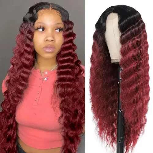 Miniatura 9 de FEEL ME Peluca rizada sintética de 28 pulgadas, pelucas largas de encaje de onda profunda para mujeres negras, cuero cabelludo sintético, rizos