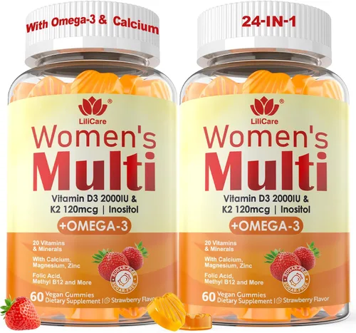 Gomitas multivitamínicas para mujer, multivitamínico metilado para mujeres con Omega 3 (DHA/EPA), vitamina D3 K2, calcio, inositol, vitaminas