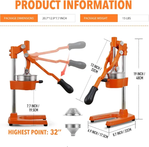 Miniatura 7 de Exprimidor Manual de Frutas de Hierro Fundido Extra Alto de 19 Pulgadas de Altura, Prensa Manual Comercial de Servicio Pesado para Naranja
