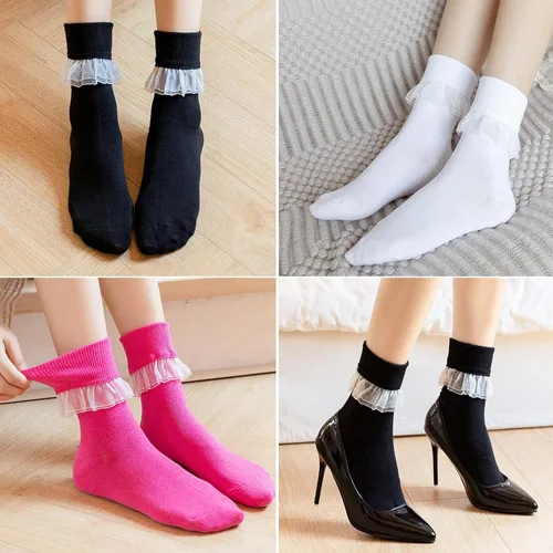 Miniatura 4 de SRYL YYS09 - Calcetines de tobillo para mujer, con encaje, con volantes, cómodos, de algodón, para mujer, niña, princesa