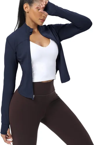 Miniatura 46 de AVGO Chaquetas de entrenamiento recortadas para mujer, con cremallera, ajustadas, atléticas, con agujeros para el pulgar