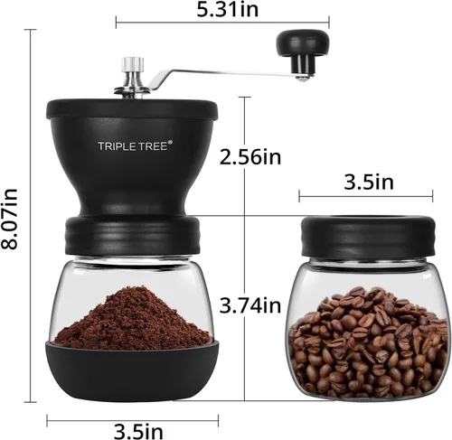 Miniatura 2 de Molinillo de café manual con rebabas de cerámica y mango de acero inoxidable alargado, molinillo de café de mano con 2 frascos de vidrio