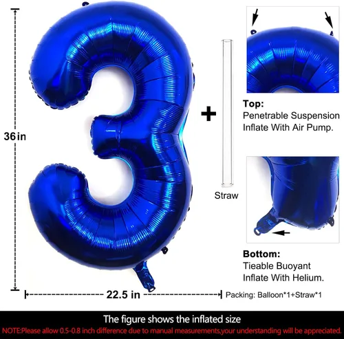 Miniatura 2 de Lovoir Globo azul marino de 40 pulgadas con el número 3, de gran tamaño, de papel de aluminio de Mylar de aluminio de tereftalato de polietileno