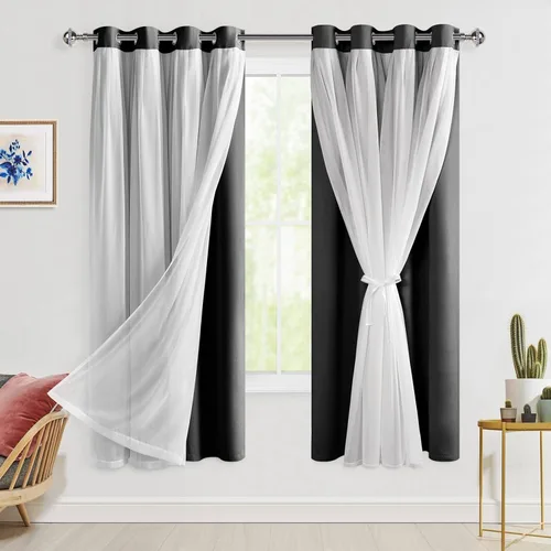 Miniatura 70 de Hiasan Cortinas opacas con superposición transparente, aislamiento térmico para mezclar y combinar de doble capa, cortinas de oscurecimiento de Beige