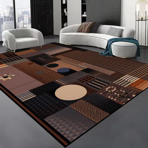 Miniatura 19 de Alfombra geométrica abstracta negra/marrón/naranja de 6x8 pies - Alfombra lavable multicolor moderna retro, alfombra antideslizante