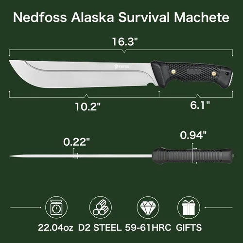 Miniatura 6 de NedFoss 16" Survival Machete with Sheath, D2 Steel 0.22" Thick Full Tang Blade Machete Knife with Flat Grinding, Machete for Cutting Trees, for Yard