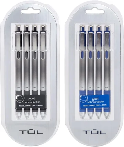 TUL Bolígrafos de gel retráctiles de 0.020 in, punta fina de aguja, paquete negro/azul (2 paquetes de 4)