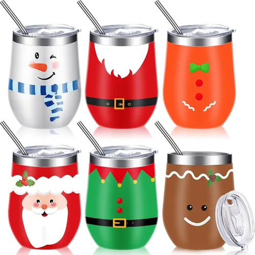 Miniatura 8 de Ziliny 6 Piezas Vasos de Vino de Navidad 12 oz Vasos de Vino Aislados de Acero Inoxidable de Navidad con Tapa y Pajita Divertidas Tazas de Café