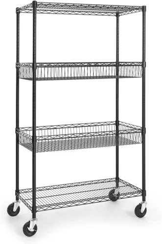 CAPHAUS NSF - Estantería comercial de alambre de 4 niveles con dos cestas rectangulares, ruedas, pies niveladores, estante de metal de