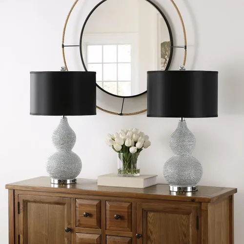 Miniatura 8 de SAFAVIEH Lighting Collection Nicole - Juego de 2 lámparas de mesa con cuentas plateadas y negras de 25 pulgadas con puerto de carga USB