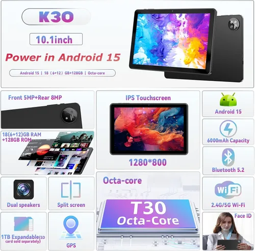Miniatura 2 de Tablet de 10 pulgadas, tabletas Android 15 con funda, 18 GB+128 GB, expansión de 1 TB, tableta Octa-Core Widevine L1 compatible con WiFi 5, 6000