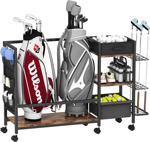 Organizador de almacenamiento de bolsa de golf para garaje, organizador de golf con estante de golf adicional y bolsa lateral de tela para 20 palos