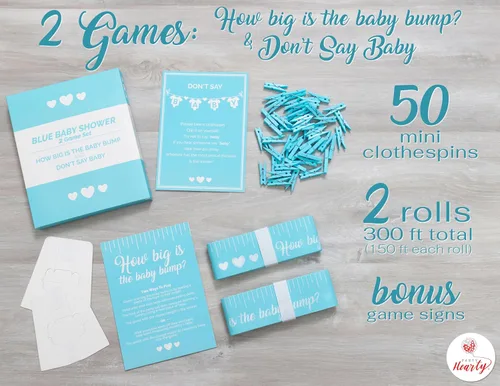 Miniatura 2 de Party Hearty Juegos Divertidos de Baby Shower para Niño, Juego de 2: ¿Qué Tan Grande Está la Pancita? y No Digas Bebé, Azul Azul - Combo Tm y Dsb