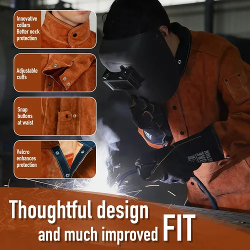 Miniatura 4 de QeeLink Chaqueta de Soldadura de Cuero - Chaquetas de Soldador de Trabajo Resistente a las Llamas y de Servicio Pesado - Chaqueta de Soldadura