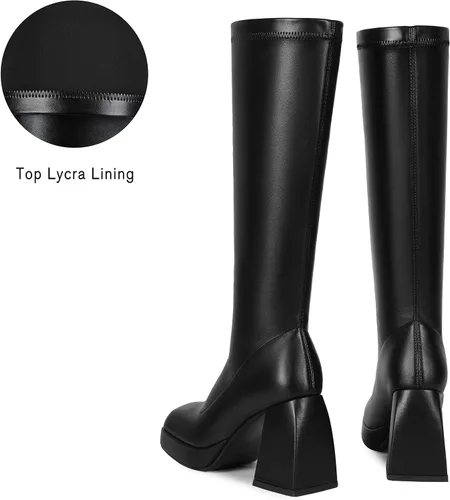 Miniatura 3 de DOBOYG Botas altas hasta la rodilla para mujer, botas de plataforma, tacón grueso de bloque elástico, punta cuadrada, botas altas de charol