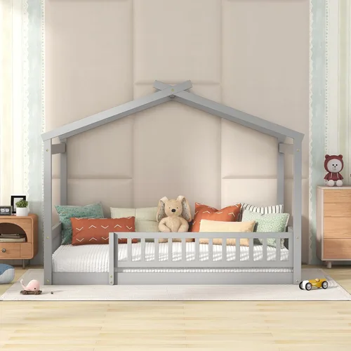 Miniatura 4 de MERITLINE Cama individual Montessori para niños, marco de cama individual Montessori con rieles y techo, no necesita somier, para niños, Gris