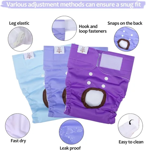Miniatura 2 de CuteBone Pañales para perras, paquete de 3 pañales reutilizables para perras con un tirante para perros pequeños, medianos y grandes, BDD01L