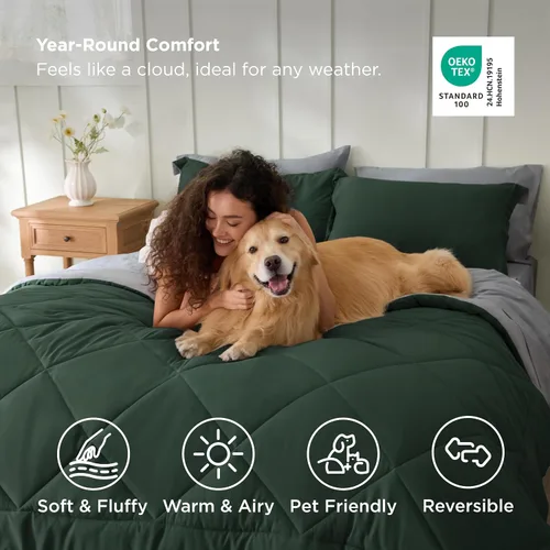 Miniatura 4 de Bedsure Juego de edredón tamaño King – Ropa de cama reversible de 7 piezas verde bosque, juego de cama tamaño King para todas las estaciones, cama