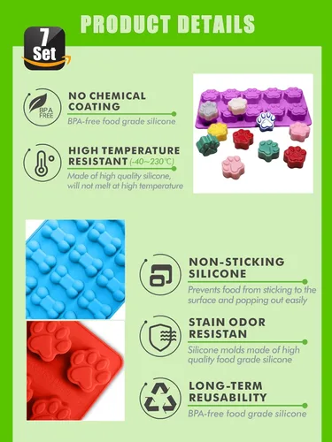 Miniatura 6 de Juego de 7, 4 moldes de silicona en forma de pata y hueso de cachorro y 3 piezas de acero inoxidable cortador de galletas de hueso, para golosinas