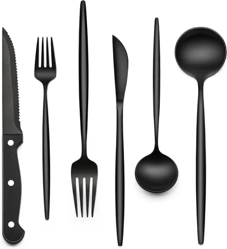 Miniatura 9 de EWFEN Juego de cubiertos negros de 24 piezas con cuchillos para carne, juego de cubiertos negros para 4, juego de cubiertos de acero inoxidable