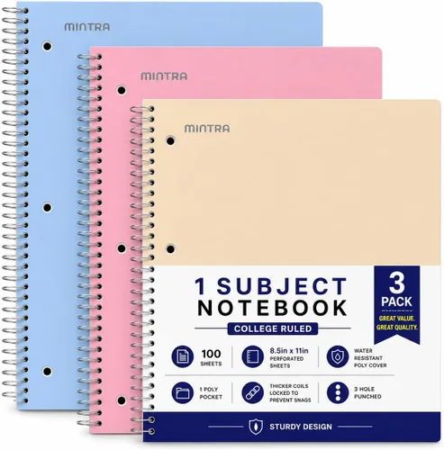 Miniatura 17 de Mintra Office Cuadernos de espiral duraderos, 1 materia, (rosa primavera, amarillo sol, hielo ártico, rayas anchas, paquete de 3)