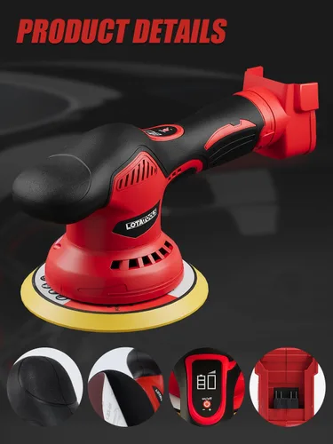 Miniatura 8 de Pulidora inalámbrica para automóvil para detallado compatible con batería milwaukee de 18V, pulidoras eléctricas y búferes hasta 5500 rpm, búfer Rojo